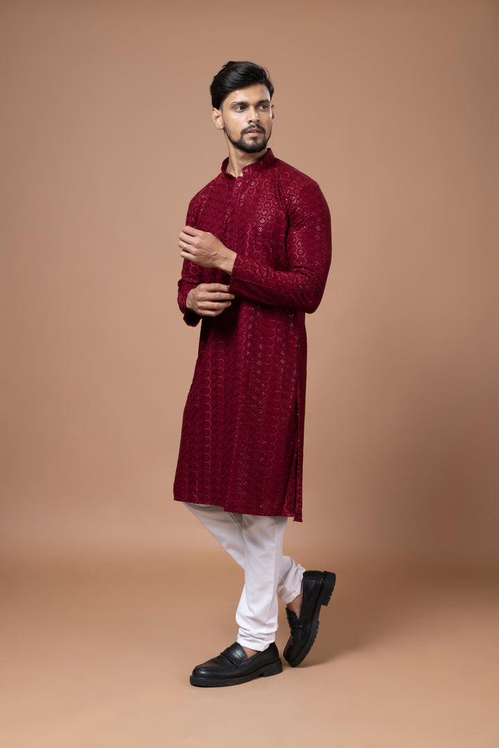 Maroon Chikankari Sequin Kurta Set