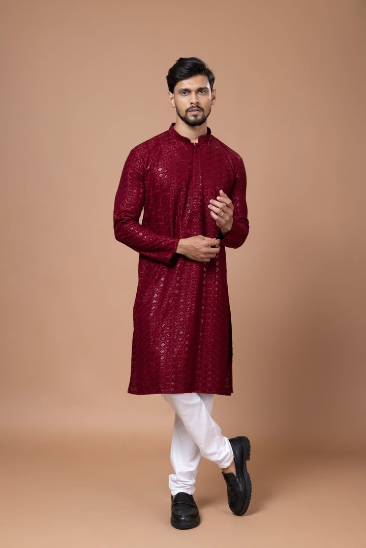 Maroon Chikankari Sequin Kurta Set