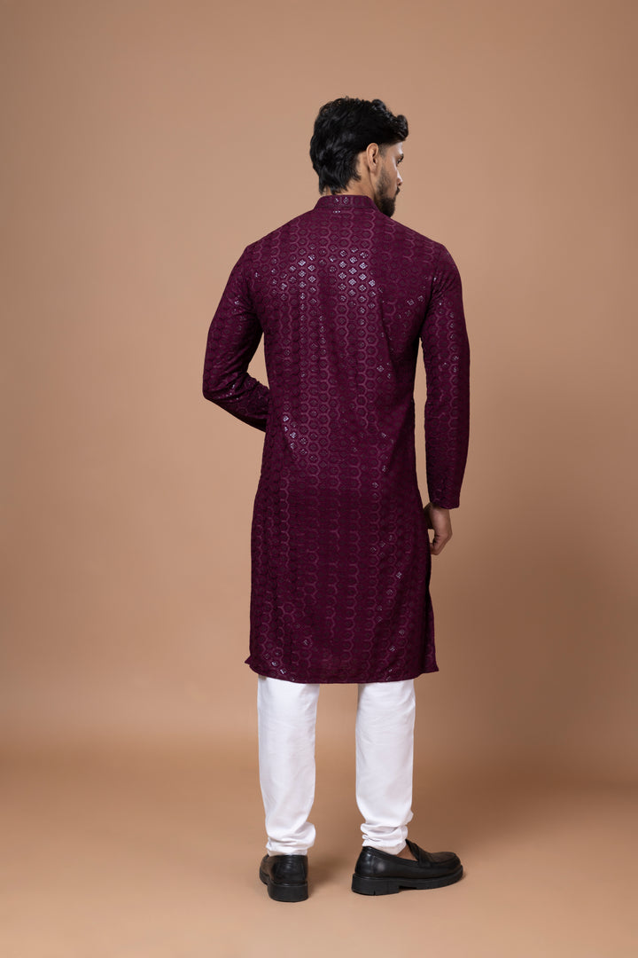 Wine Chikankari Sequin Kurta Set