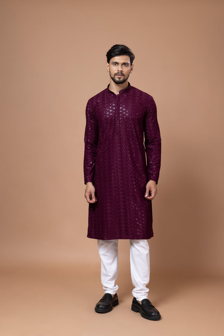 Wine Chikankari Sequin Kurta Set