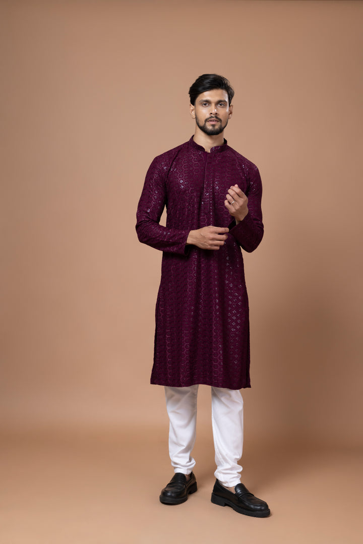 Wine Chikankari Sequin Kurta Set