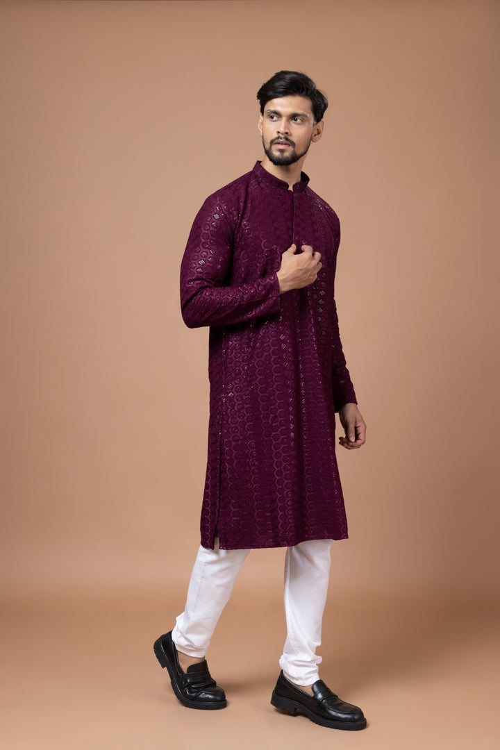 Wine Chikankari Sequin Kurta Set