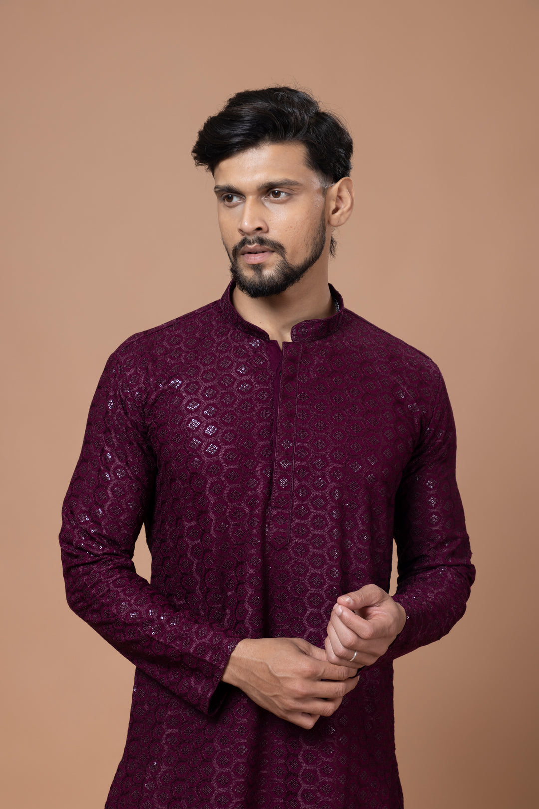 Wine Chikankari Sequin Kurta Set