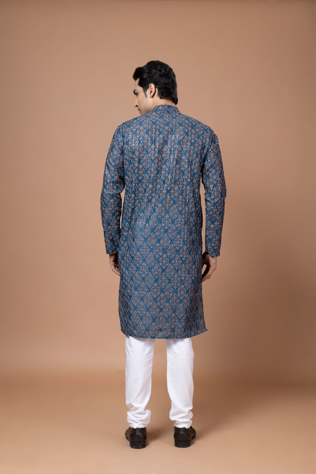 Chikankari Printed Peacock Blue Kurta Set