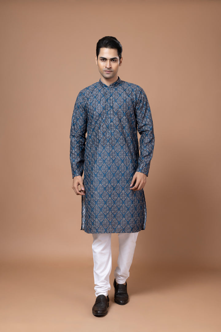 Chikankari Printed Peacock Blue Kurta Set