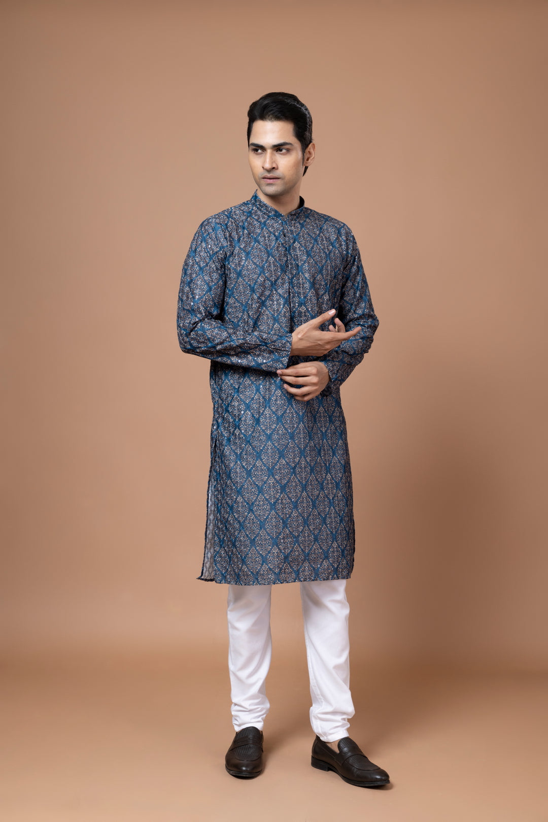 Chikankari Printed Peacock Blue Kurta Set