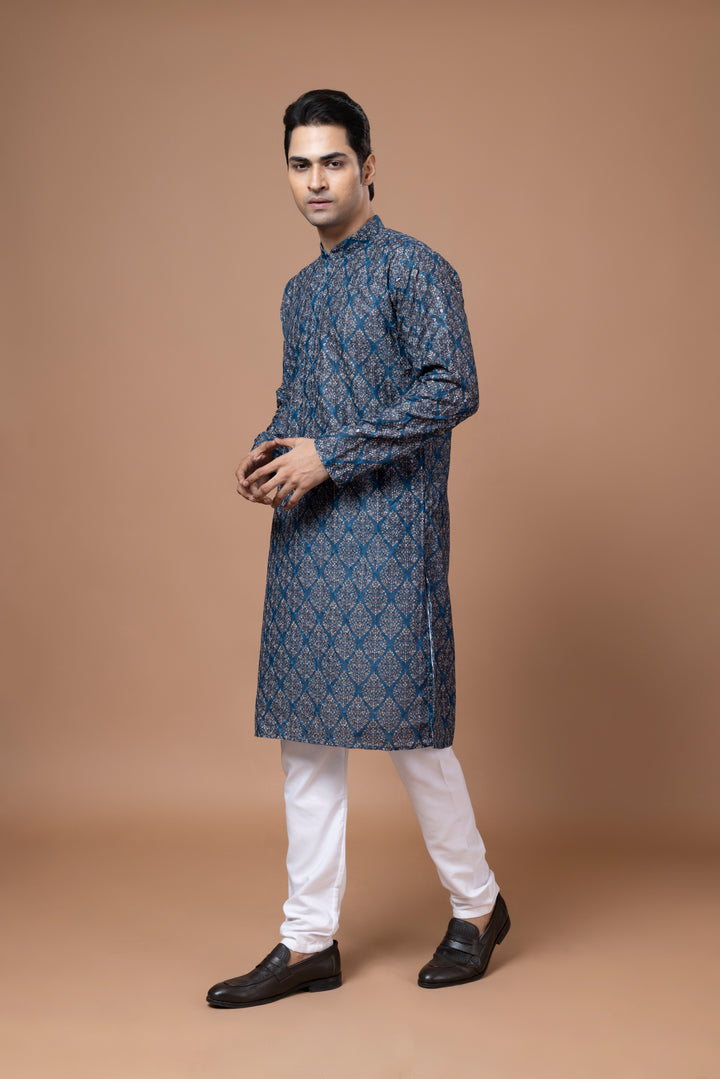 Chikankari Printed Peacock Blue Kurta Set