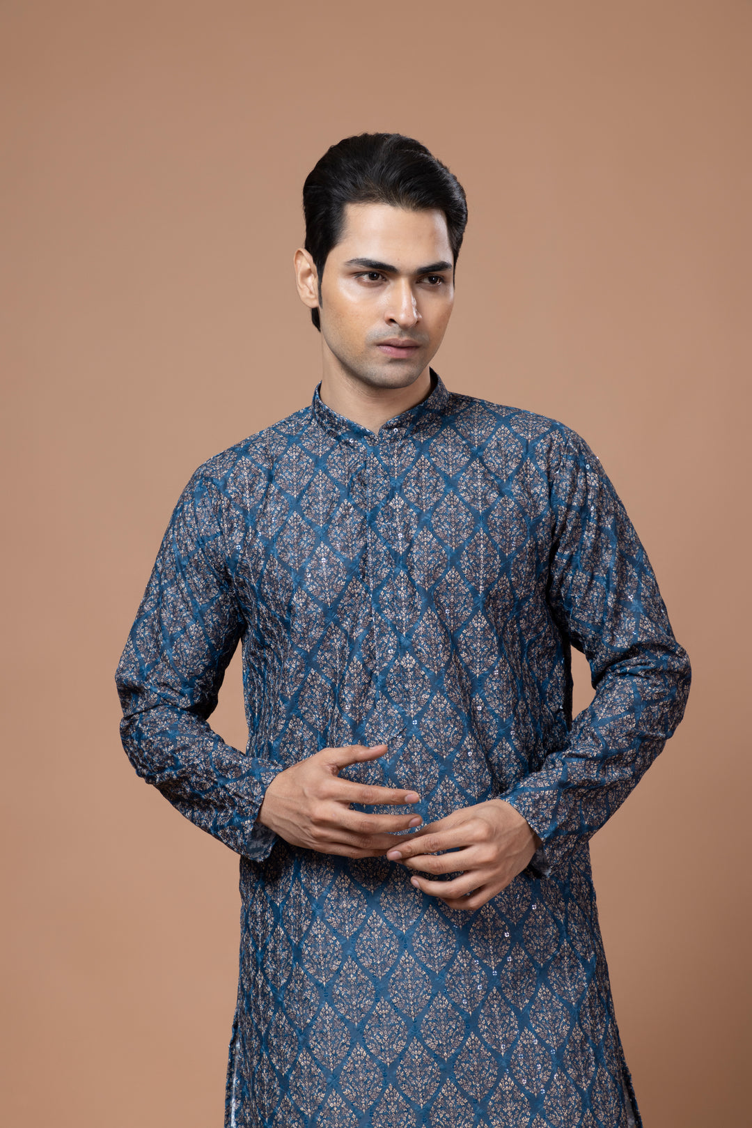 Chikankari Printed Peacock Blue Kurta Set