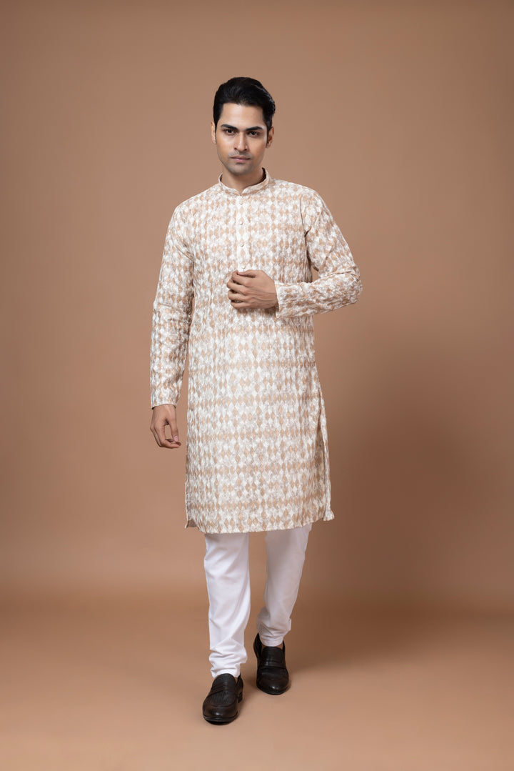 Chikankari Printed Beige Kurta Set