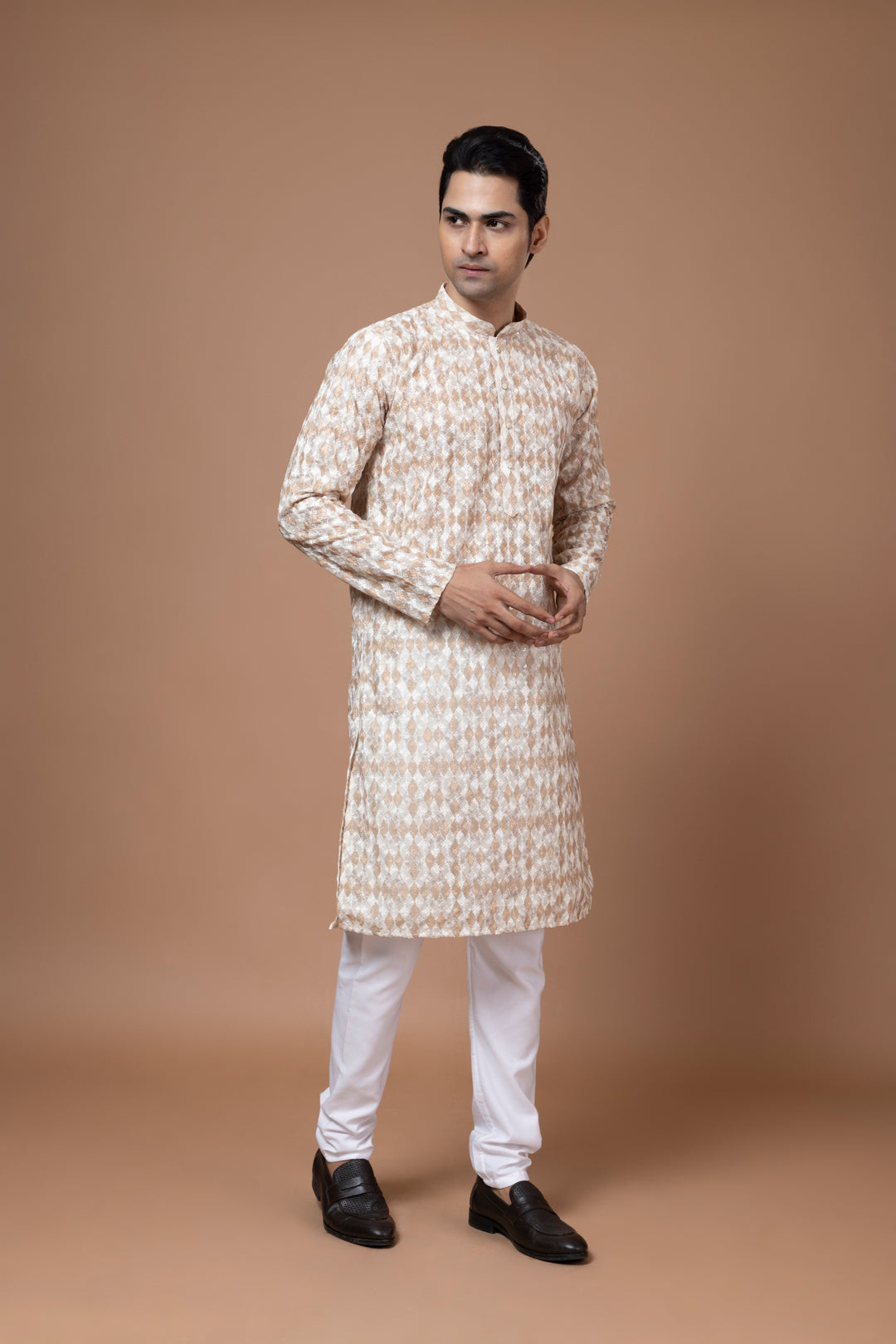 Chikankari Printed Beige Kurta Set