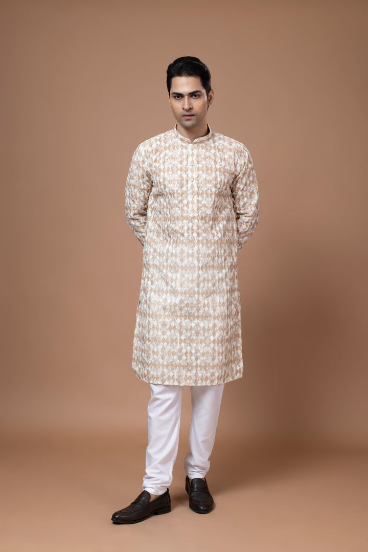 Chikankari Printed Beige Kurta Set