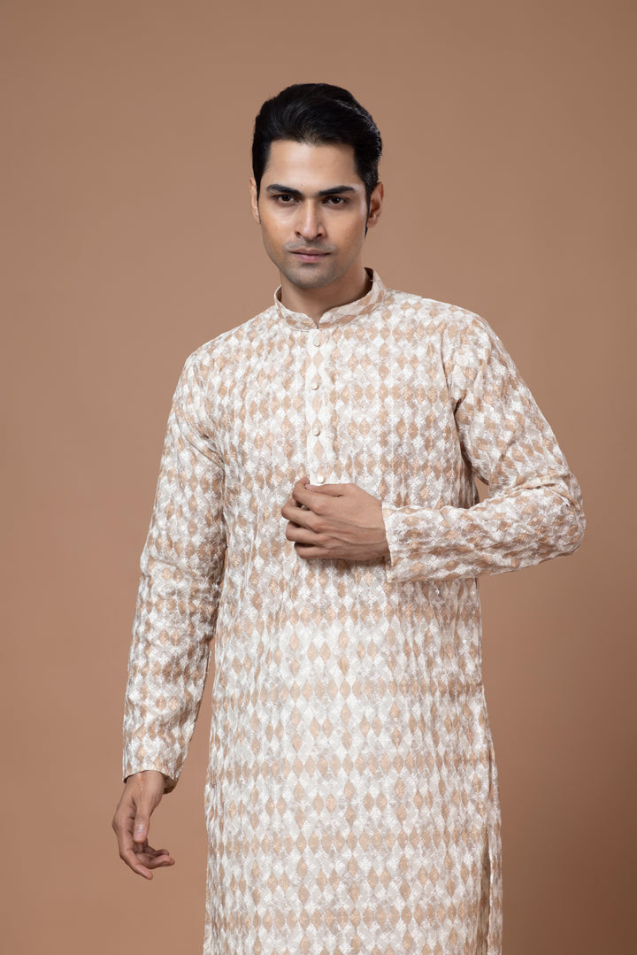 Chikankari Printed Beige Kurta Set