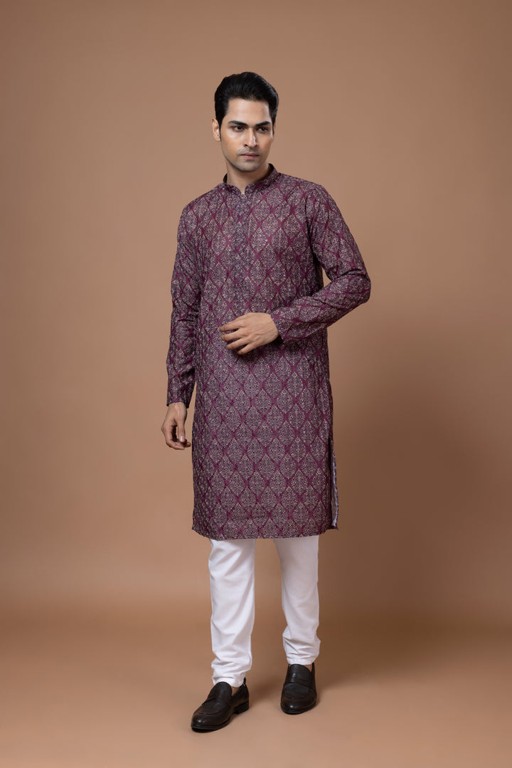 Chikankari Printed Wine Kurta Set