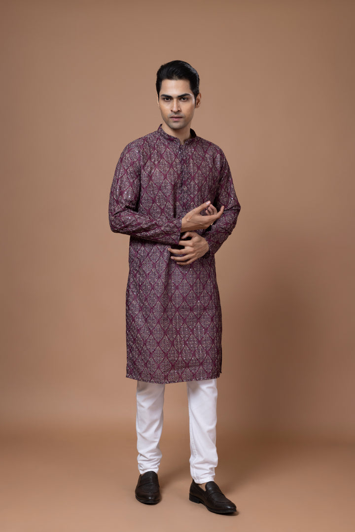 Chikankari Printed Wine Kurta Set