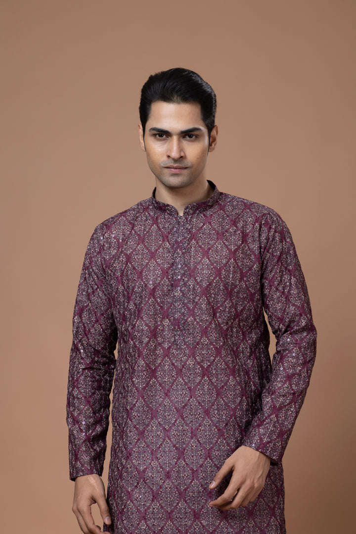 Chikankari Printed Wine Kurta Set