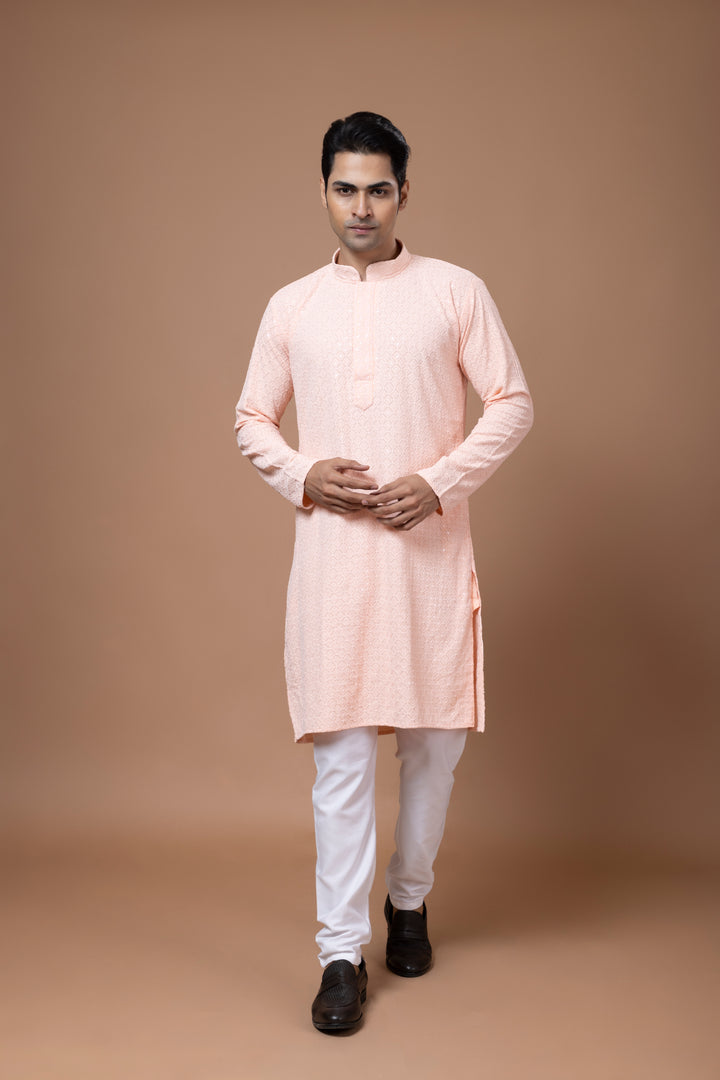 Peach Chikankari Kurta Set