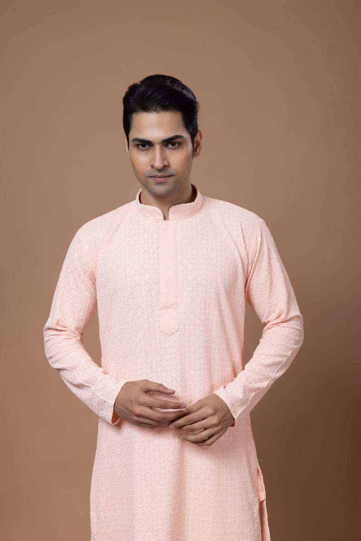 Peach Chikankari Kurta Set