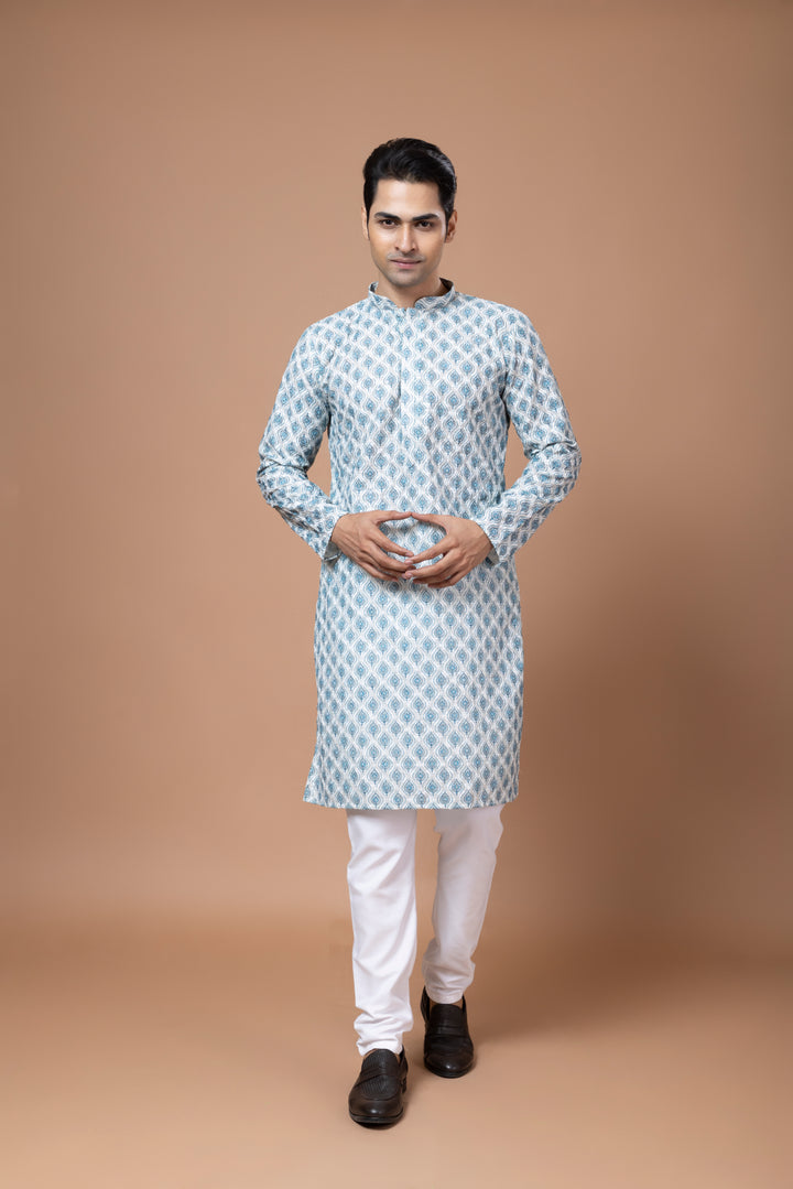 Chikankari Printed Blue Kurta Set