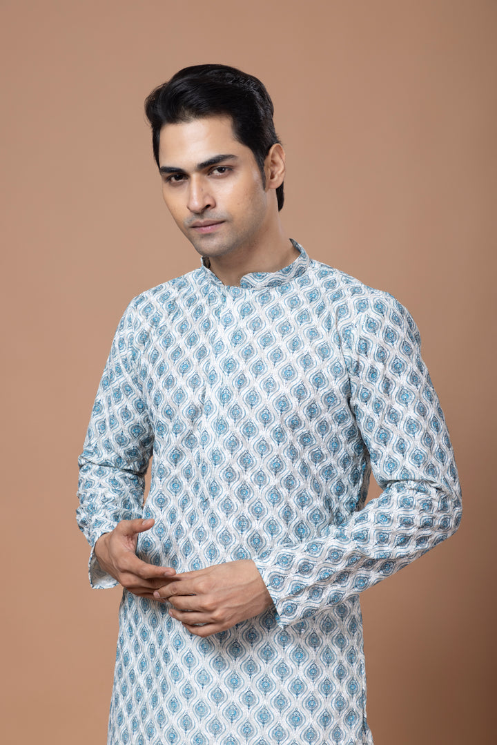 Chikankari Printed Blue Kurta Set