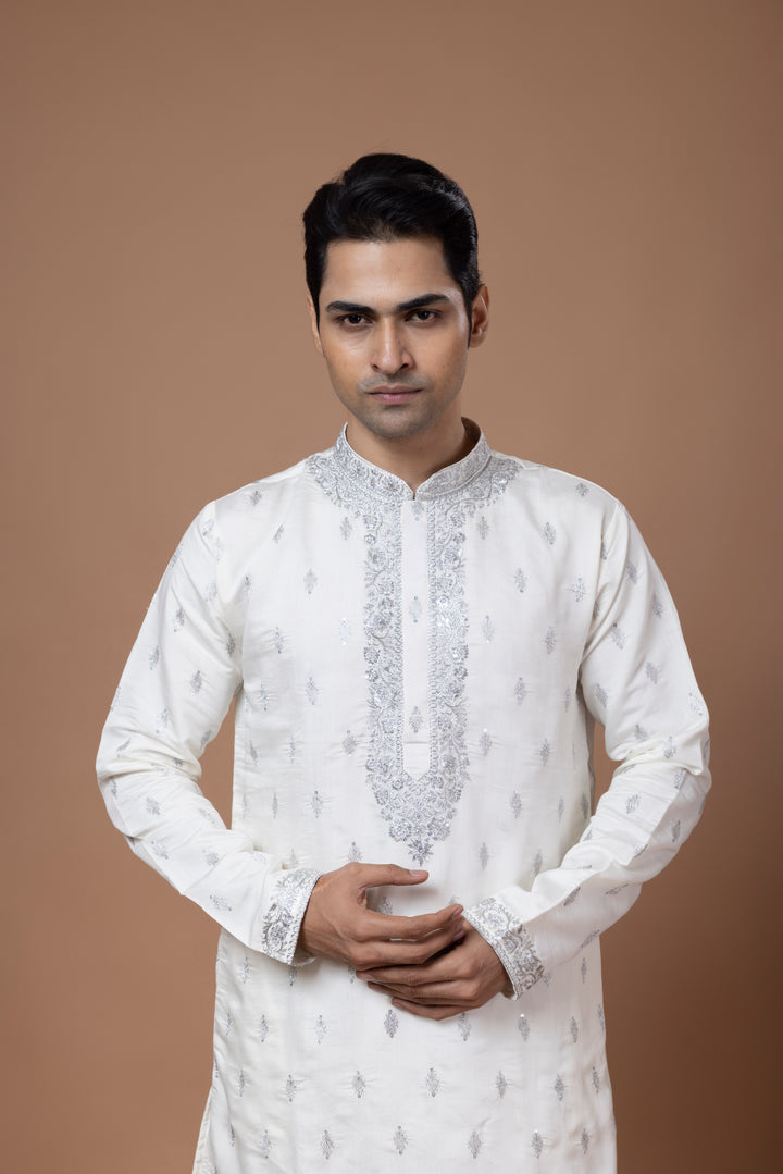 Silver Embroidery White Kurta Set